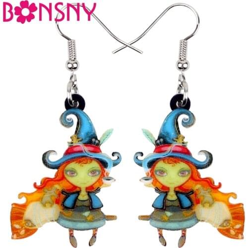 Bonsny Acrylic Halloween Sitting Broomstick Witch Earrings Drop Dangle Fashion Magical Jewelry For Women Girls Teens Wholesale