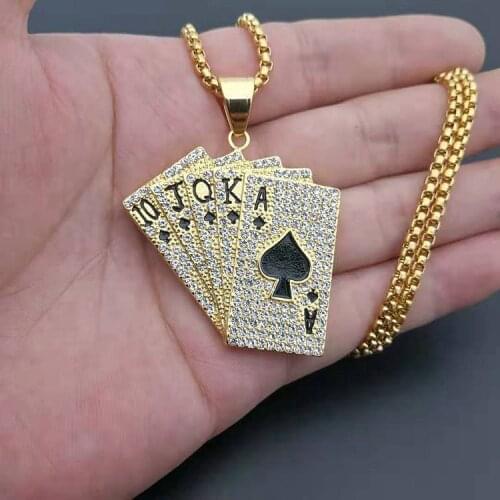 Personality Gold Poker Rhinestone Necklace Pendant Motorcycle Party Iced Out Chain Gold Necklace Men Women Rock Jewelry