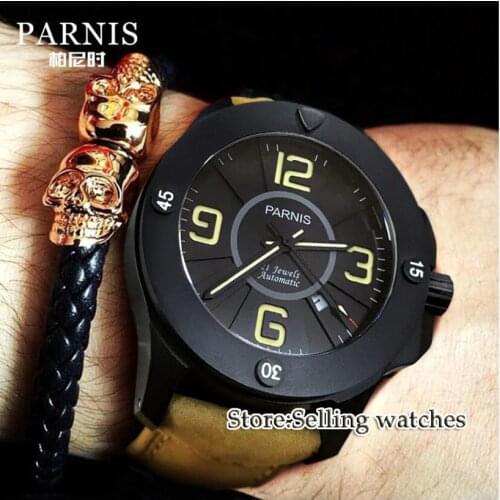 47mm Parnis black dial sapphire glass date PVD Case Luminous 21 jewels Miyota Automatic self-wind movement Mens Watch