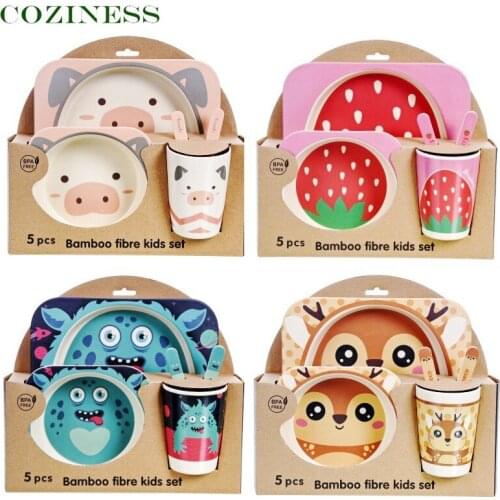COZINESS Bamboo Fiber Children Tableware Set Five Piece Set Kindergarten Baby Cartoon Bowl Divided Plate Creative New Product