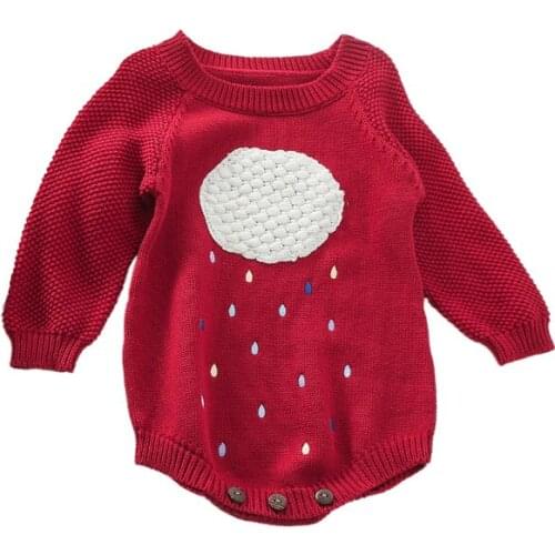 Infant Baby Girls Knit Romper, Long Sleeve Crew Neck Cloud Pattern Raindrop Embroidery Jumpsuits
