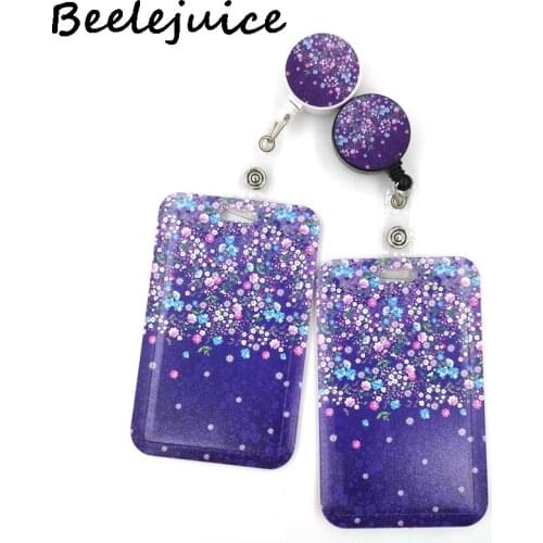 Purple Flowers Cute Card Cover Clip Lanyard Retractable Student Nurse Badge Reel Clip Cartoon ID Card Badge Holder accessories