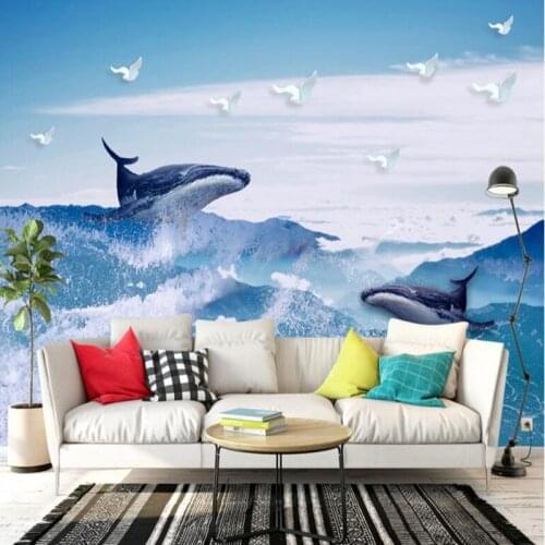 Photo Wall Mural Custom 3d Wall Panel Dolphin Blue Sky White Clouds Wall Paper Bedroom TV Background Living Room Sofa Wall Study
