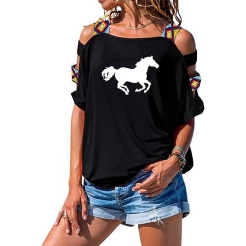 Running Horse Stylish Print T-shirt Fashion WoMen Cotton Short Sleeve Sexy Hollow Out Shoulder Tee