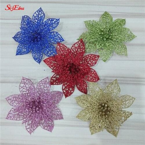 Artificial Flowers Christmas Fake Flowers Glitter Merry Christmas Tree Ornaments Xmas Decorations For Home New Year 6z