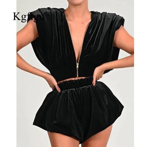 KGFIGU Velvet Hooded Sleeveless Winter Party Sweatshirts Women Sexy Zippers High Quality Coats Holiday Party Outfits