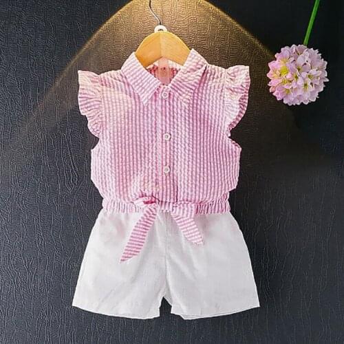 Girl summer fashion two-piece Girl short-sleeved shirt shorts suit Girl bow decoration plaid shirt