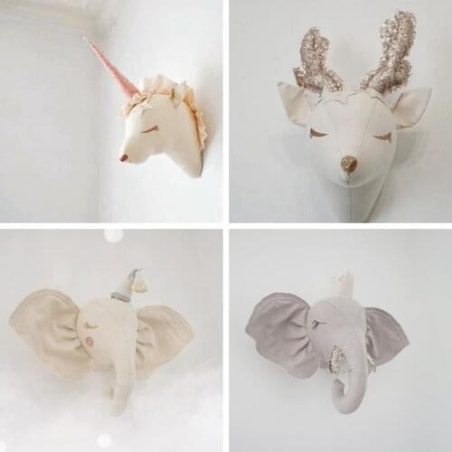New Nordic Handmade Animals Head Wall Hanging Girl Room Decor Elephant Unicorn Plush Toys Animal Heads Wall Decoration