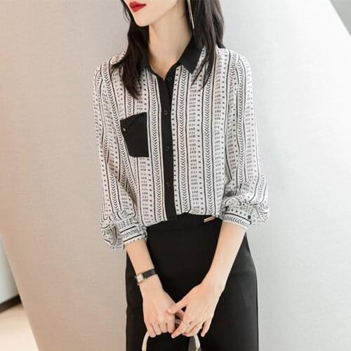 Silk Shirt Long Sleeve 2021 Womens Office Button Shirt Stripe Print Lapel Fashion Top Fashion Blouses And Shirts For Women