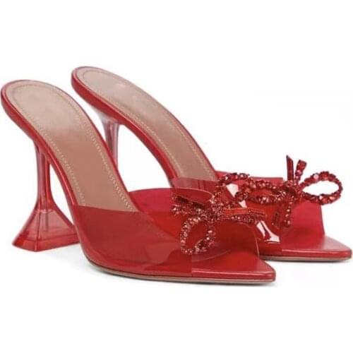 Rhinestone Silk Butterfly-knot Women Mule high heels Slippers Sandals Pointed toe Strappy Slides Party shoes size 35-45