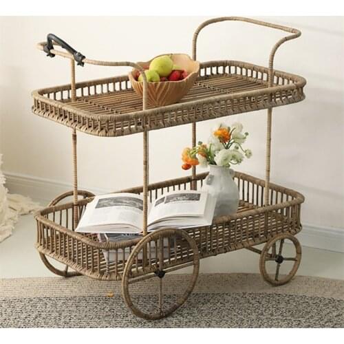 Rattan potted multi-layer cart with wheels, mobile flower stand, balcony flower stand, rattan woven interior decoration