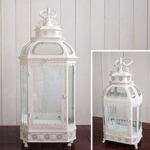 European Style Wind Lamp Wrought Iron White Hollow Floor Windproof Candle Holder Wedding Hotel Home Garden Decoration Ornaments