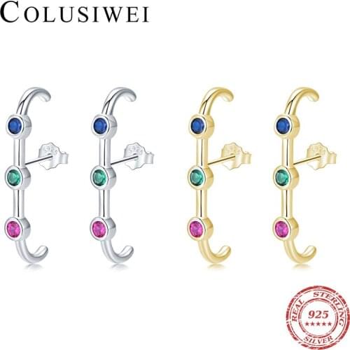 Colusiwei Rainbow Color Cz Stud Earrings Authentic 925 Sterling Silver Fashion Design Earrings for Women Statement Jewelry