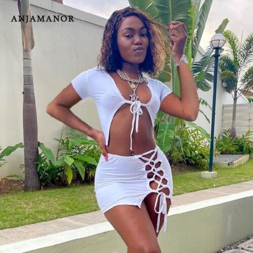 ANJAMANOR Two Piece Set Tie Up Crop Top Mini Skirts Sexy Outfits for Woman 2021 Clubwear White Beach Dress Suits D60-CA19