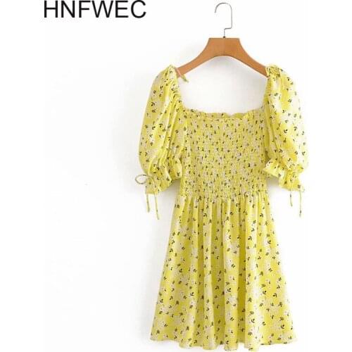 2020 Summer New Arrivals Streetwear Short Patchwork Square Collar High Waist Floral Slim Pleated Dress Women U934