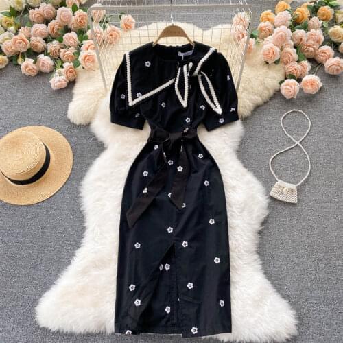 2021 New Summer Fresh and Sweet Vestidos Female Lapel Embroidery Small Flower Self-cultivation Temperament Midi Dress DF291