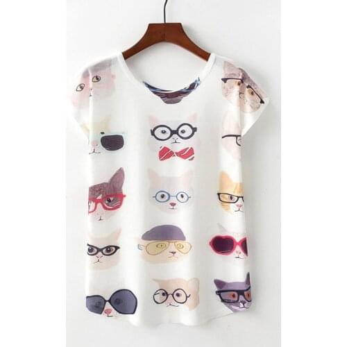 BLINGPAW Summer New Glasses Cat O-neck Short Sleeve Womens T-shirt Tees Tops Cartoon Print