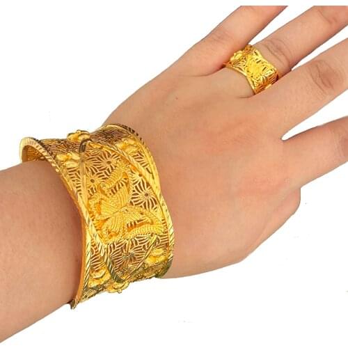 Bohemia Butterfly Bracelet for Women 24k Gold Color Big African Copper Dubai Bangles with ring Saudi Arabia Bridal Banquet Gifts