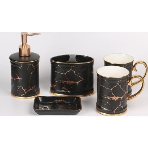 Black marble texture ceramic bathroom supplies toothpaste holder bathroom accessories set soap dispenser toothbrush holder