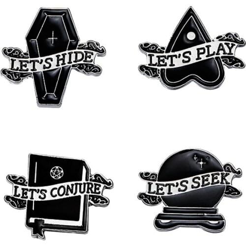 LETS SEEK HIDE PLAY CONJURE Enamel Lapel Pins Black Coffin Witch Book Magic Ball Badge Gothic Brooches Punk Dark Jewelry Gifts