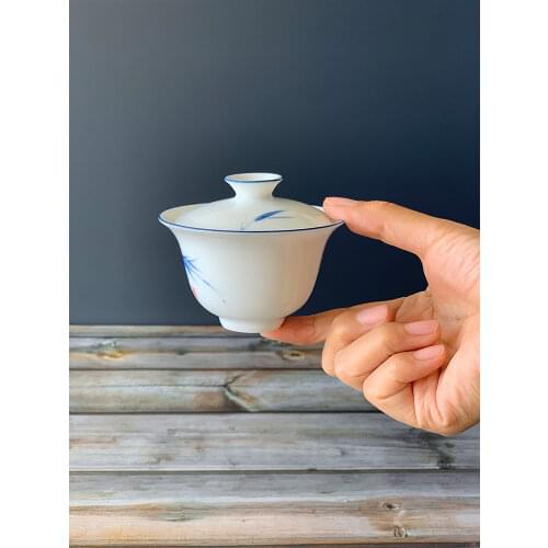 Egg-Shell Porcelain Porcelain Hand Painted Cover Teacup Single San Cai Bei White Porcelain Kung Fu Tea Set Tea Brewing Bowl100ml