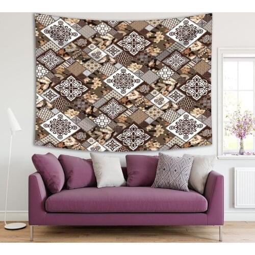 Tapestry Floral Ornaments Stylized Flowers Leaves Lace Patchwork Decorative Artwork Brown Beige White