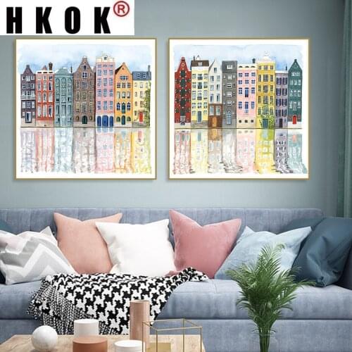 HKOK Watercolor Hand Drawn Facades Old Colorful Buildings Canvas Painting Poster Print Wall Art Picture Living Room Home Decor