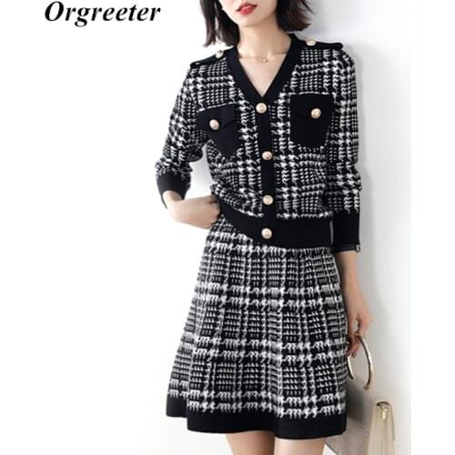 Houndstooth Fashion Knitted Sweater Skirt Two piece set Womens Casual Single-breasted Pullover Knit Tops and A-line Skirts Sets
