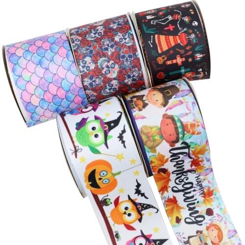 Mexico Style Halloween Thanksgiving Cartoon Printed Grosgrain Ribbon Party Decoration 10 Yard DIY Bow Bag Material Handmade