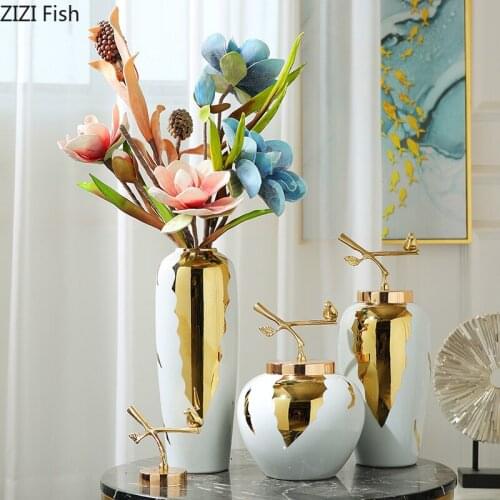 Creative Chinese Retro ceramics vase Gold Ceramic crafts Decorative ornaments Living room flower arrangement Home Decoration