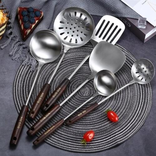304 stainless steel spatula soup spoon colander kitchen set kitchen supplies wooden handle shovel cooking cooking spoon shovel