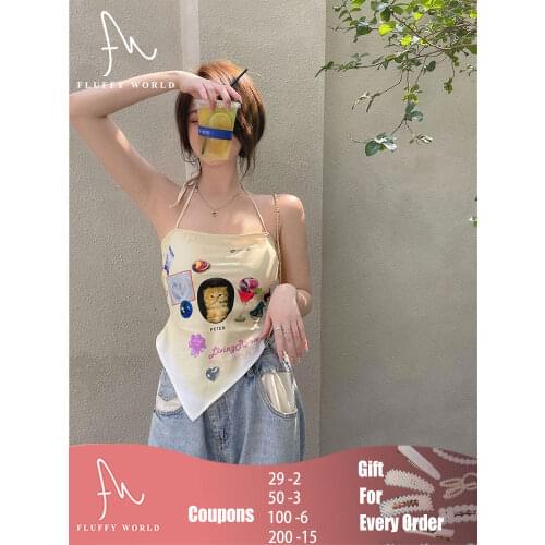 Fashion Trend Women Sexy Crop Top Halter Straps Sleeveless Backless Apricot Kitten Print Chic Camis Tank Sweet and Cute Tops
