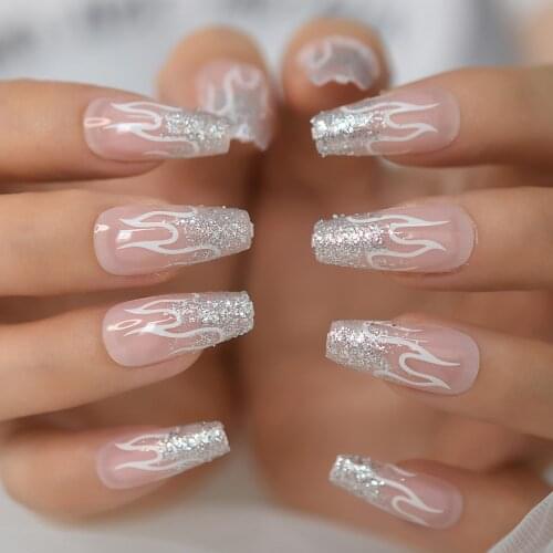 French Press On Fake Nails Acrylic Flame Fire False Nails Set Acrylic Artificial Nails Long Medium Glitter Nude Gel Nail Tips