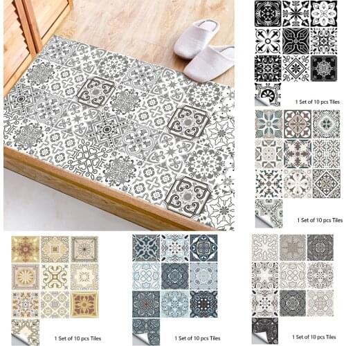 10pcs Gray Retro Pattern Matte Surface Tiles Sticker Transfers Covers for Kitchen Bathroom Tables Floor Peel & Stick Wall Decals