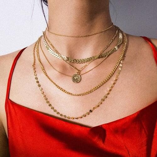 Vintage Multilayer Chains Necklace Women Round Copper Sequins Coin Pendant Necklace Ladies Geometric Clavicle Necklace Jewelry