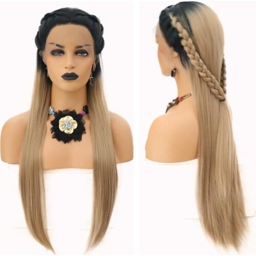 QUINLUX WIGS Ombre Brown Crochet Braiding Hair Synthetic Lace Front Wigs Cornrows Braided Wigs Heat Resistant Fiber For Women