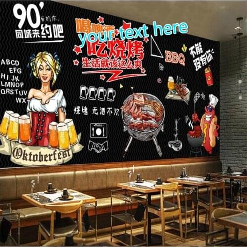 Custom Text Size Hand-painted Blackboard Barbecue Beer Restaurant Background Wall Paper 3D BBQ Bar Snack Bar Mural Wallpaper 3D