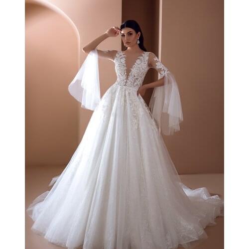 Vestido De Noiva Tulle Wedding Dress Beading Appliques Robe De Mariage Illusion Back Sukienka Na Wesele O-Neck Hochzeitskleid
