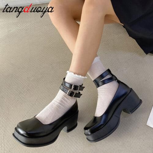 Vintage Square Toe Platform Lolita Shoes Women Patenet Leather Chunky High Heels Mary Jane Shoes Woman Slip on Pumps 2021