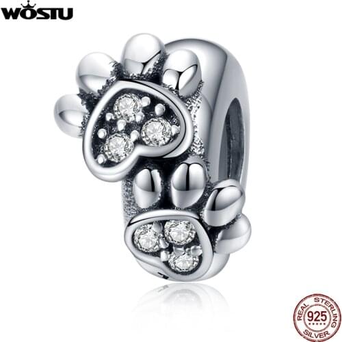 WOSTU 925 Sterling Silver Silicone Stopper Spacer Paw Dog Footprint Beads Charms Fit Original Bracelet Jewelry CQC1312