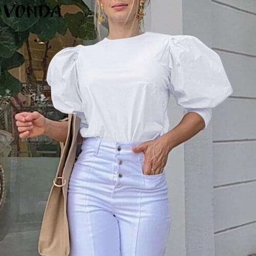 VONDA Women Puff Sleeves Pleated Blouse 2021 Casual Half Sleeve Crew Neck Office Shirts Bohemian Blusas Femininas Streetwears
