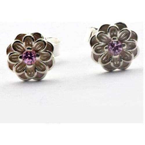 Blooming Dahlia Women Earrings Jewelry Original Sterling Silver 925 Jewelry Cream Enamel & Blush Pink Crystal Earrings for Women