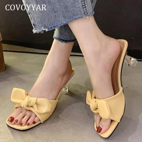 COVOYYAR Heeled Slippers Women Mules 2021 Summer Fashion Open Toe Bow High Heels Casual Shoes Womens Sandals Lady Pumps WSL244