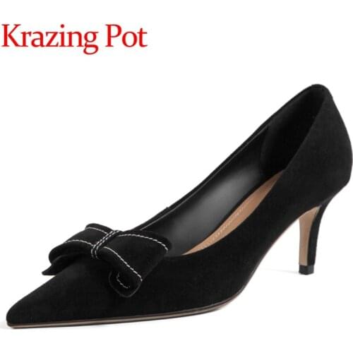 Krazing Pot new sheep suede pointed toe butterfly-knot high street fashion gentlewomen mature daily wear slip on women pumps L17