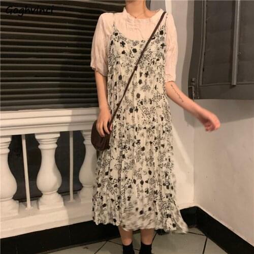 Women Sets Slip Dress Two Pieces Print Mid Floral Short Sleeve T-shirt Loose Korean Style Sweet Draped Solid Design Females New