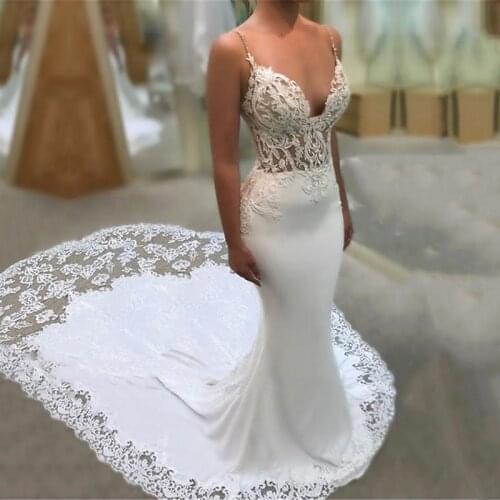 Fanweimei Wedding Dresses Spaghetti Strap Appliques Lace Long Train Wedding Gown Mermaid Bride Dresses Chiffon Vestido De Noiva