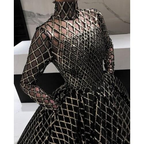 SuperKimJo Robe De Soiree 2020 Black Sparkly Prom Dresses Ball Gown Vintage High Neck Luxury Prom Gown 2021 Vestido de Fiesta