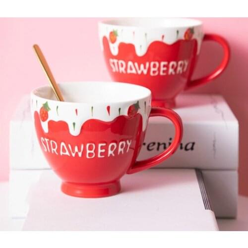 400ml Pink Red Strawberry Printed Ceramic Mugs With Lid Spoon Home Office Tea Milk Coffee Mug Breakfast Cup Girl Cute Water cup