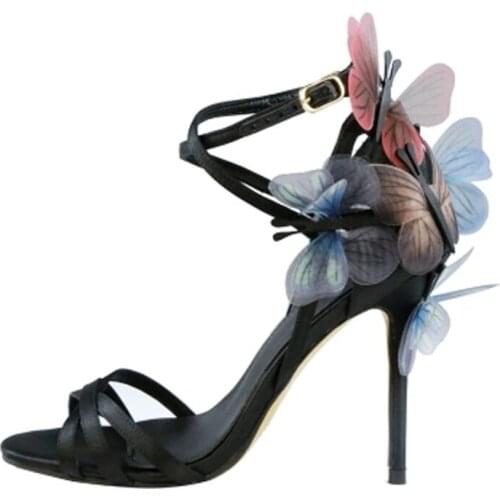 Summer Ladies Stereo Multi Butterfly Satin Strappy Sandals Thin high Heels Female Wedding Floral Sandalias Shoes for Women