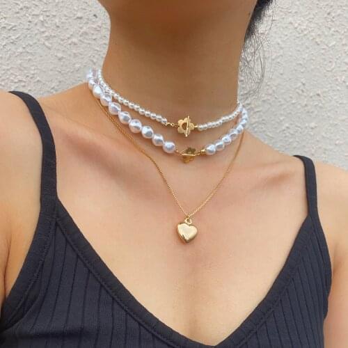 Vintage Style Simple Multilayer Pearl Chain Choker Necklace For Women Wedding Love Heart Pendant Necklace Fashion Jewelry